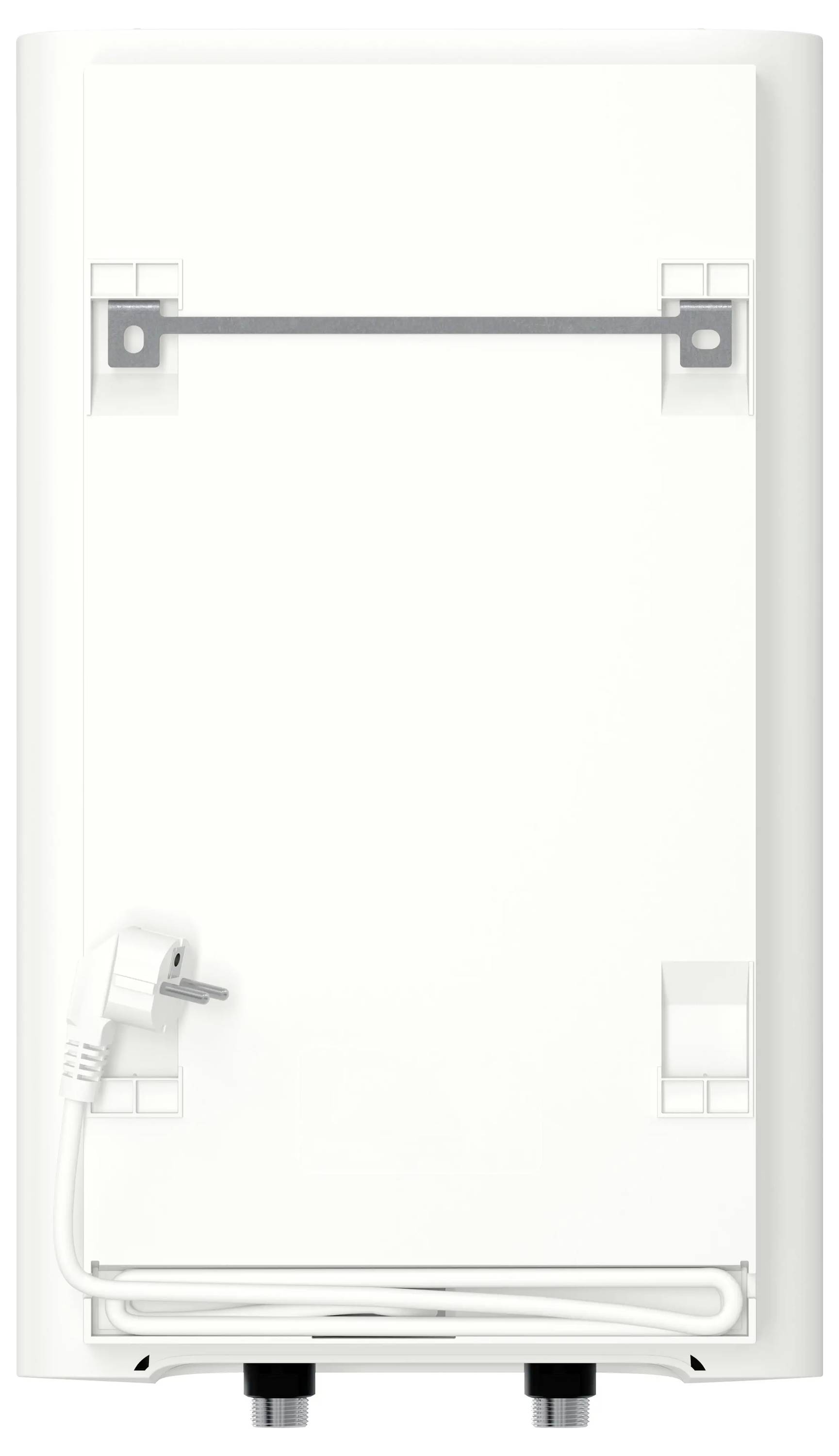 Rückansicht eines weißen wandmontierten elektronischen Geräts mit sichtbarem Stromkabel und Stecker unten vor einem einfachen Hintergrund.