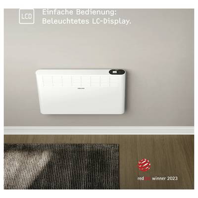 Ein weiß wandmontierter Heizer wird angezeigt, mit einem beleuchteten LCD-Display. Der Text lautet: „Einfache Bedienung: Beleuchtetes LC-Display". Red Dot Award 2023.