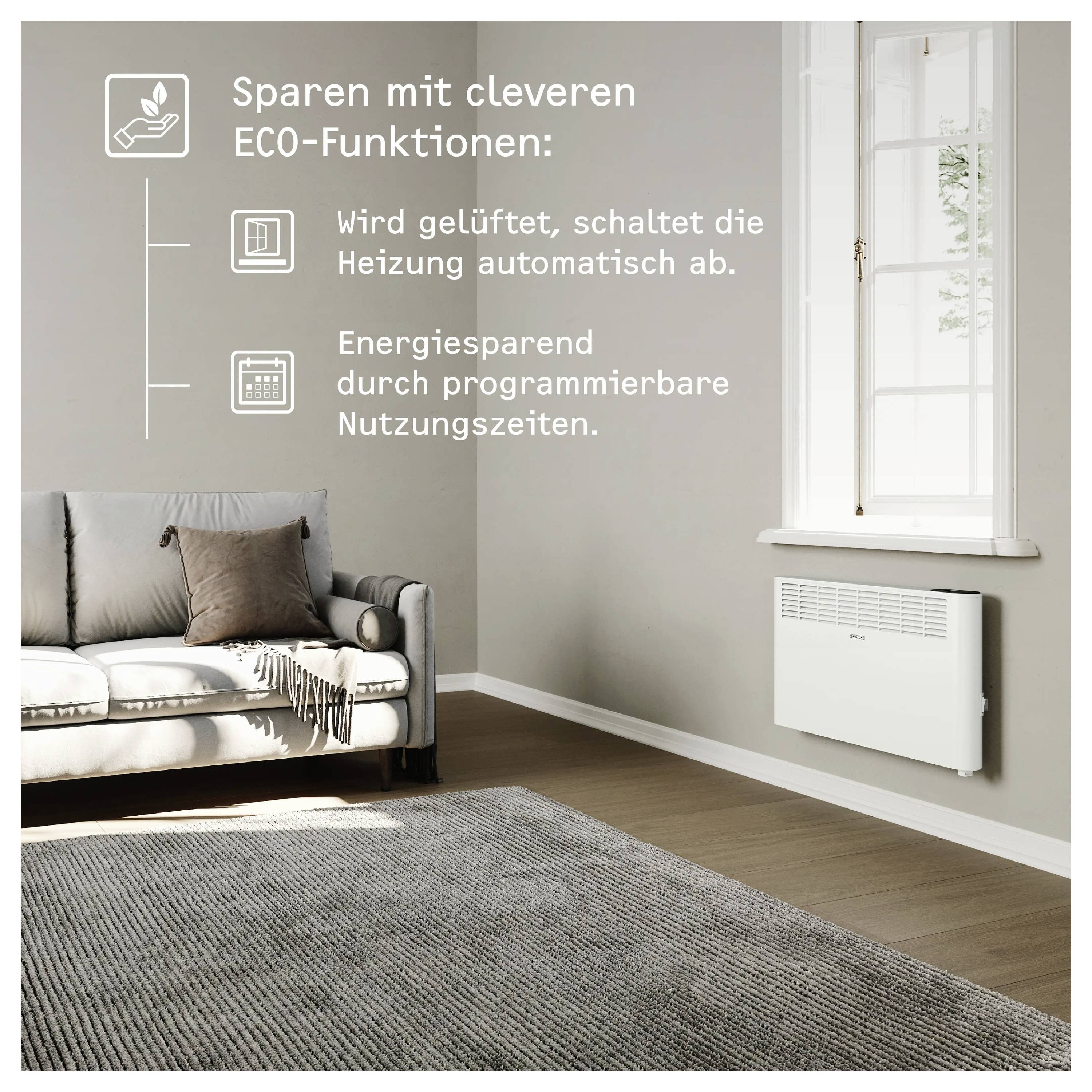 Ein gemütliches Wohnzimmer mit grauen Wänden verfügt über ein Sofa und einen Heizer. Der Text hebt energiesparende ECO-Funktionen hervor: automatische Heizerabschaltung bei Belüftung und programmierbare Nutzungszeiten.