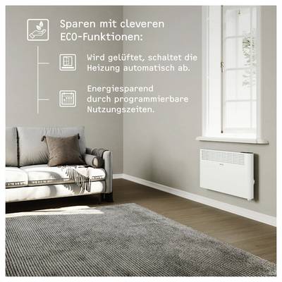 Ein gemütliches Wohnzimmer mit grauen Wänden verfügt über ein Sofa und einen Heizer. Der Text hebt energiesparende ECO-Funktionen hervor: automatische Heizerabschaltung bei Belüftung und programmierbare Nutzungszeiten.