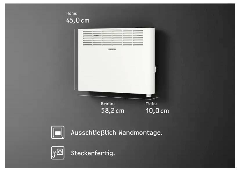 Ein weißer, wandmontierter Heizer mit einer Höhe von 45 cm, einer Breite von 58,2 cm und einer Tiefe von 10 cm. Bietet einfache Wandmontage und Stecker-Setup.