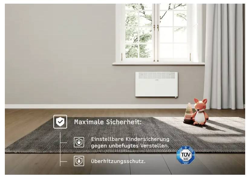 Ein Zimmer mit einem Fenster und einem Wandheizer. Der Text hebt Sicherheitsmerkmale hervor: „Verstellbare Kindersicherung" und „Überhitzungsschutz." Ein Spielzeugfuchs sitzt auf einem Teppich.
