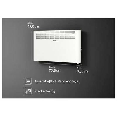 Diagramm eines wandmontierten Heizers mit Abmessungen: Höhe 45,0 cm, Breite 73,8 cm, Tiefe 10,0 cm. Symbole zeigen Wandinstallation und einsatzbereit Funktionen.
