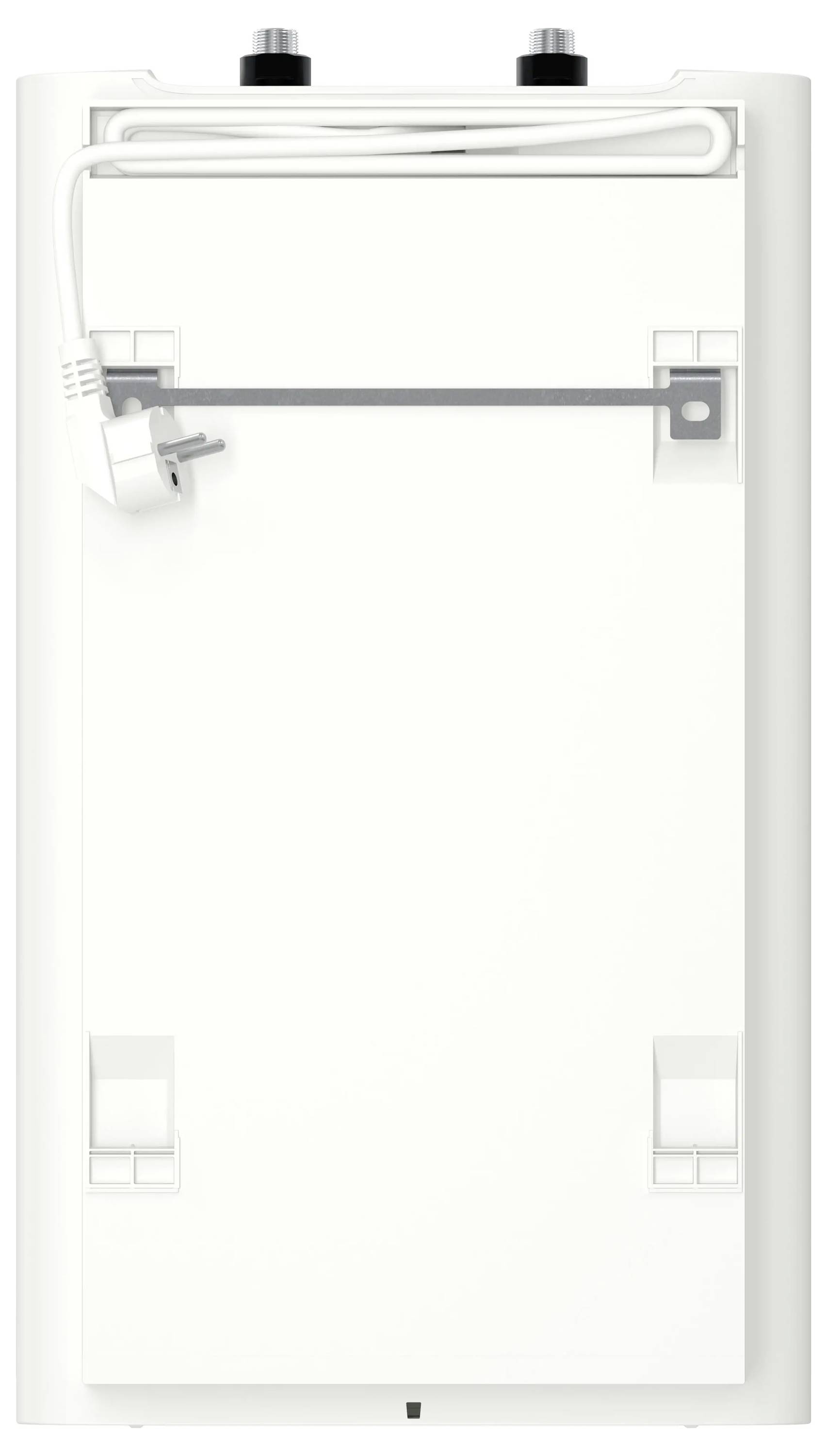 Das Bild zeigt die Rückansicht eines weißen, wandmontierten elektrischen Geräts, wahrscheinlich einen Boiler, mit einem Stromkabel, das um einen zentralen Halter gewickelt ist.