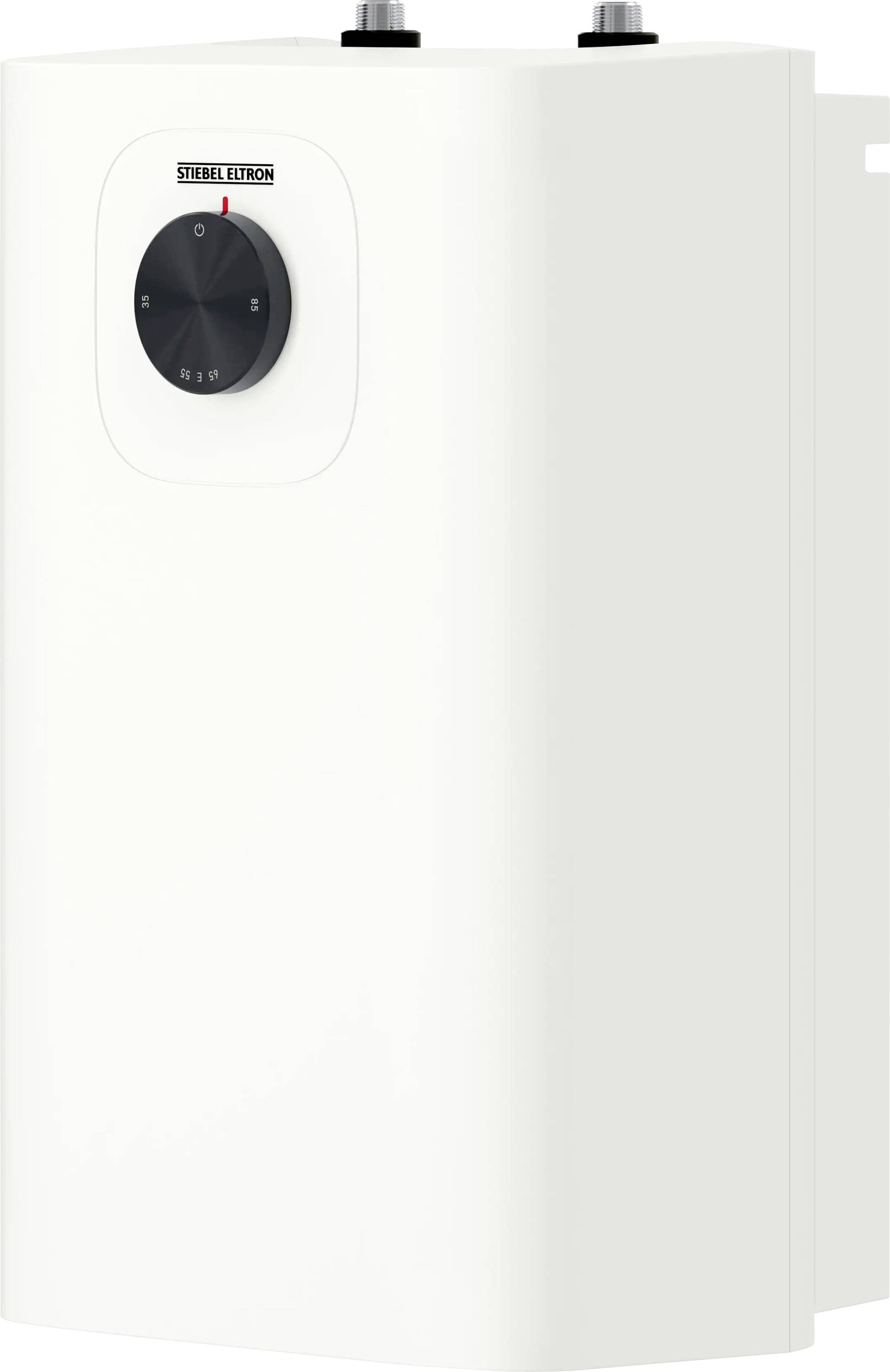 Ein metallischer Stiebel Eltron Händetrockner mit einem schlanken, kantigen Design und einer schwarzen Düse am unteren Ende.