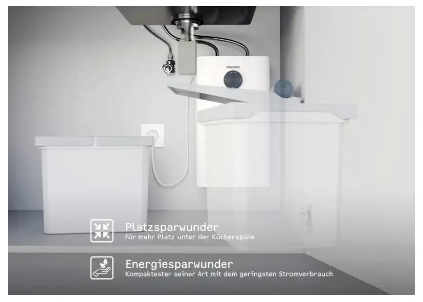 Ein kompakter Warmwasserbereiter, der unter einer Küchenspüle installiert wird und Platz und Energie sparen soll.