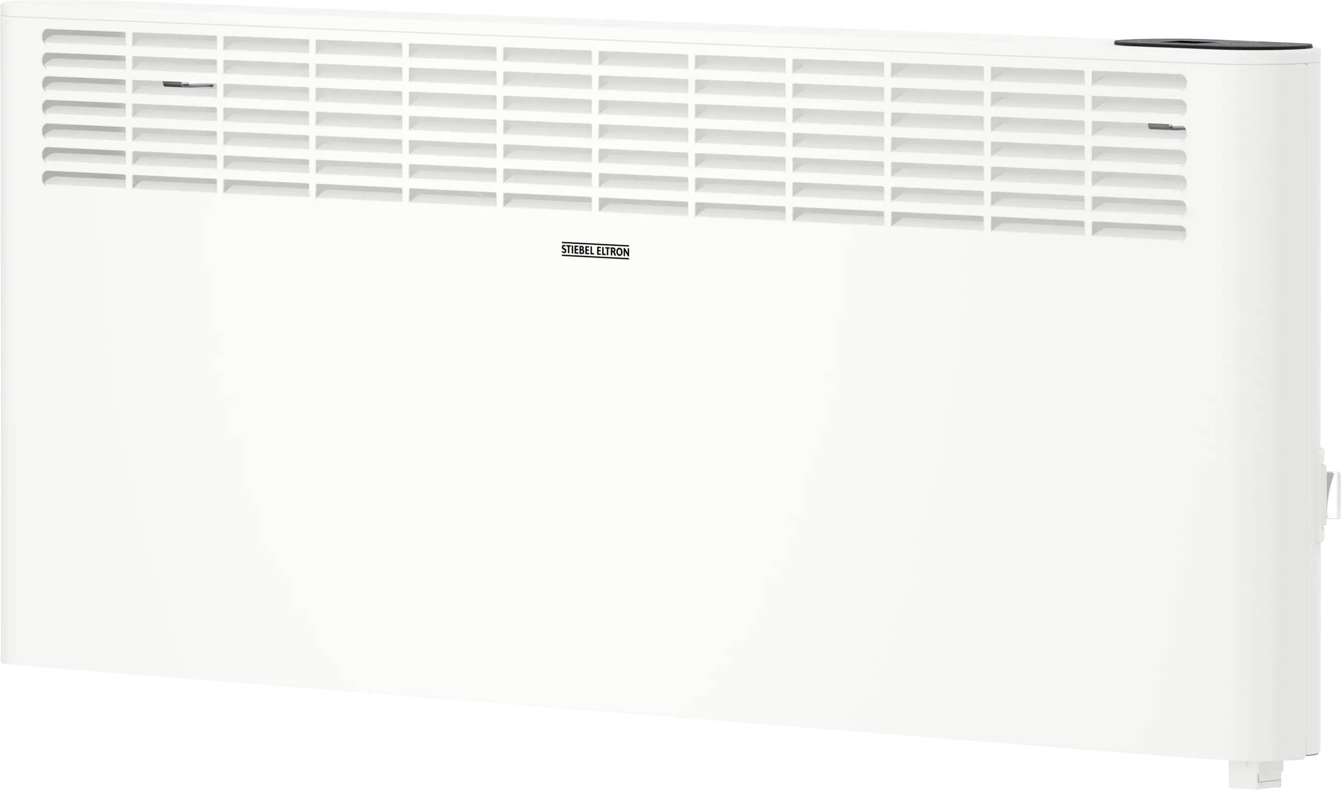 Ein weiß wandmontierter elektrischer Heizer mit horizontalen Lüftungsschlitzen und einem zentralen Markenlogo.