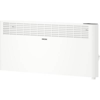 Ein weiß wandmontierter elektrischer Heizer mit horizontalen Lüftungsschlitzen und einem zentralen Markenlogo.