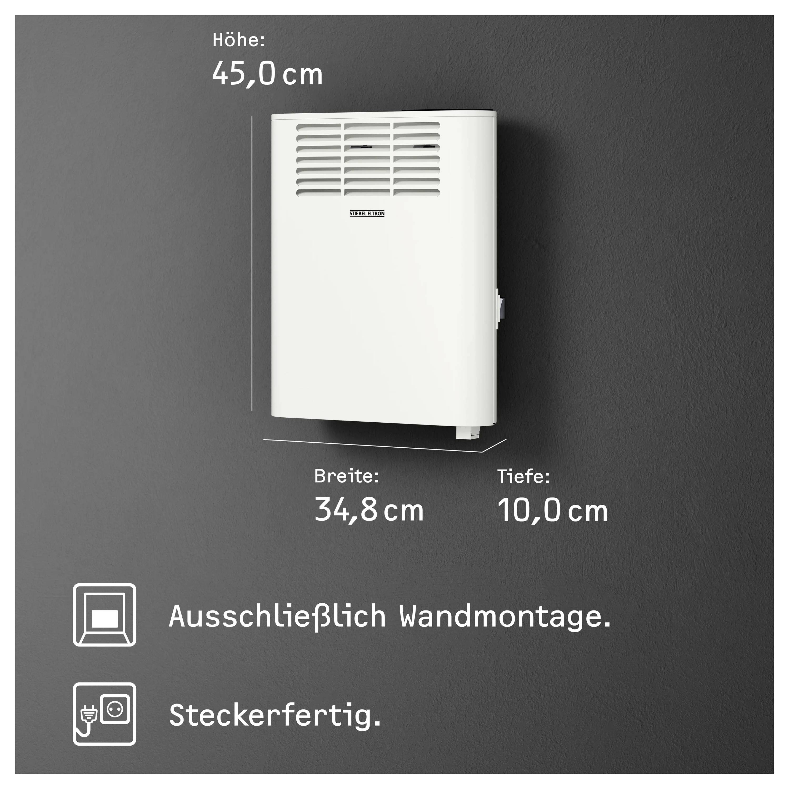 Ein weiß wandmontierter Heizer mit den Abmessungen: Höhe 45,0 cm, Breite 34,8 cm, Tiefe 10,0 cm. Symbole zeigen Wandmontage nur und einsatzbereit zum Einstecken.