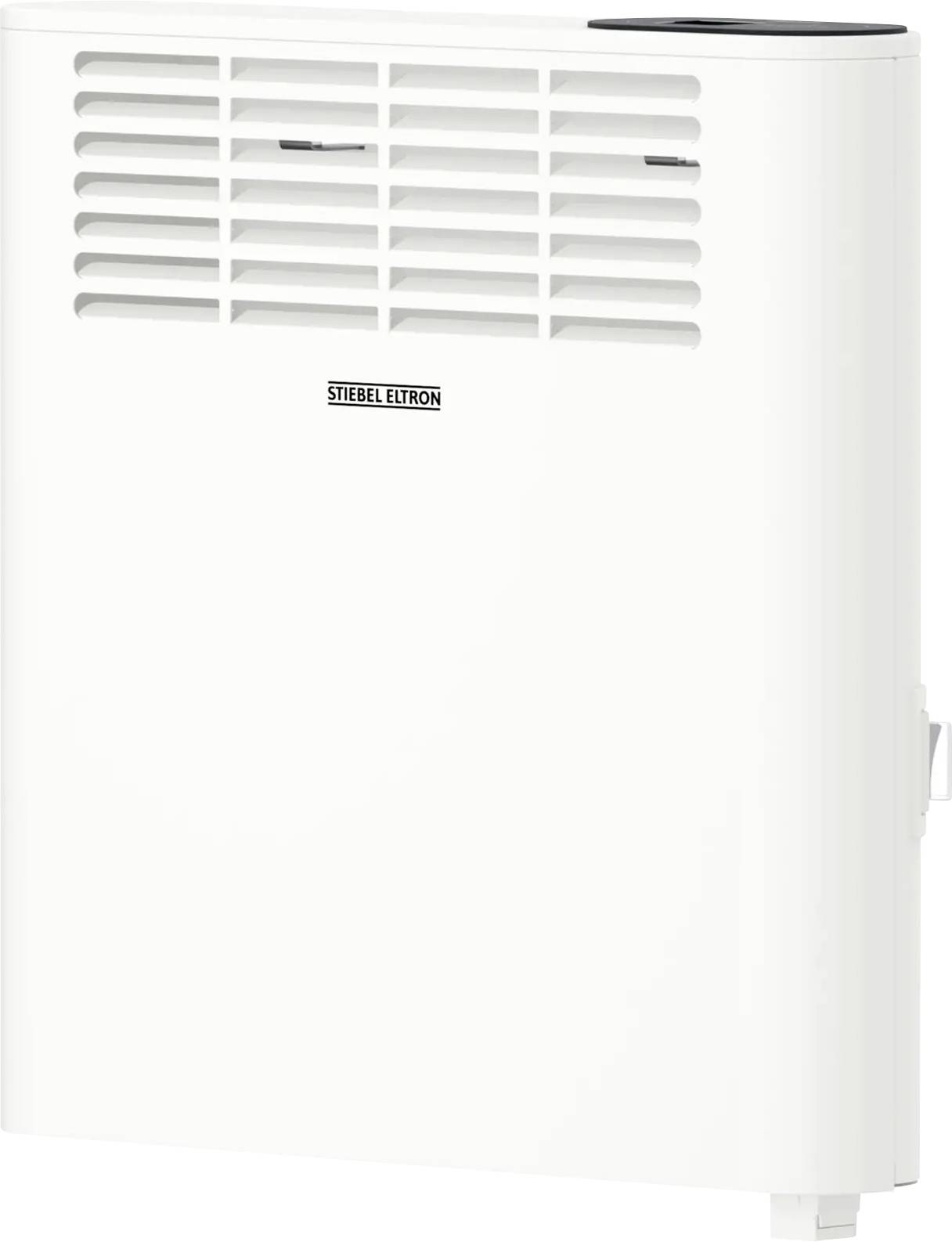 Ein weiß beschichtetes, wandmontiertes Heizgerät mit belüftetem Frontpanel und zentralem Markenlogo, entworfen für die Heizung von Wohn- oder Büroräumen.