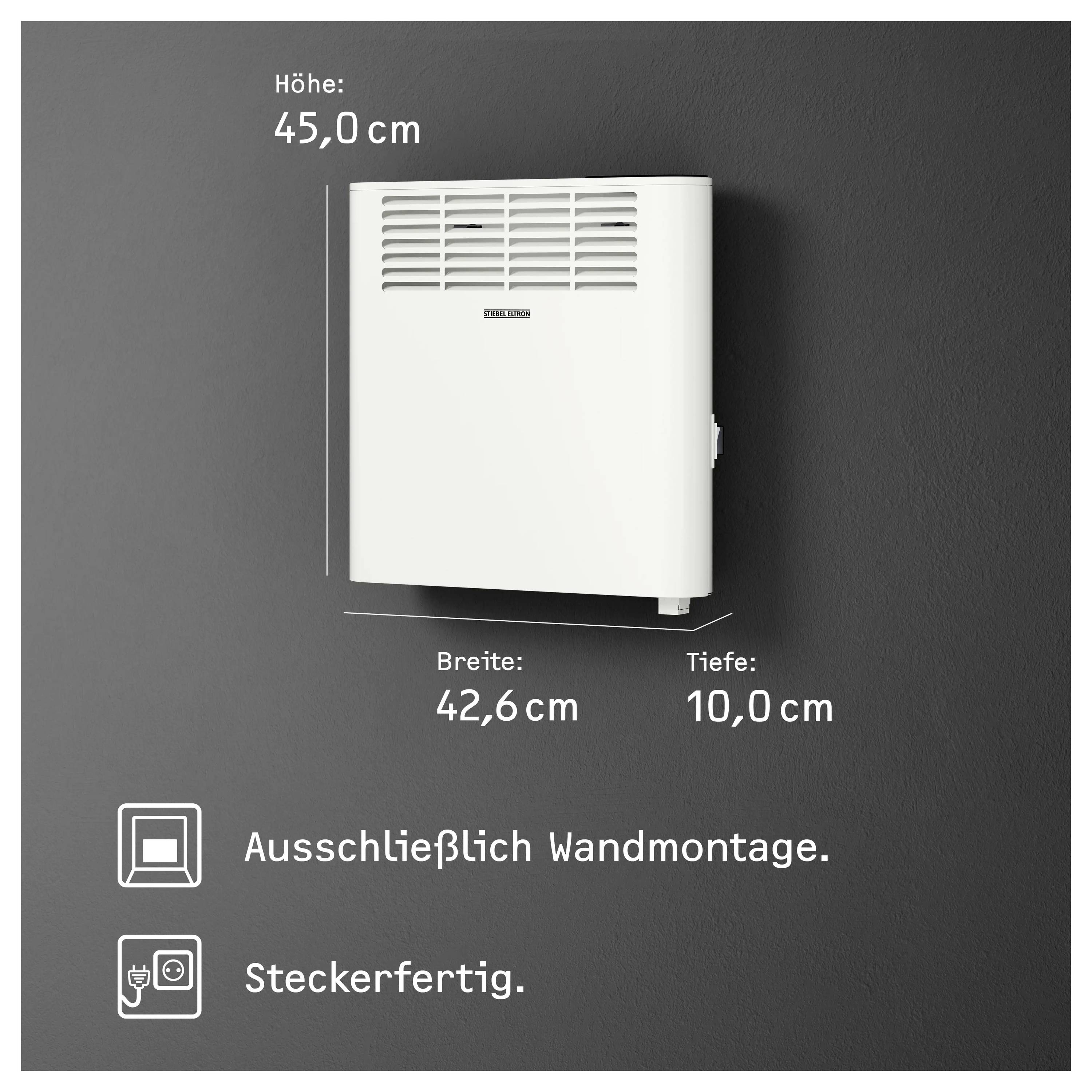 Elektrischer Wandheizer in Weiß auf dunklem Hintergrund. Abmessungen angegeben: 45,0 cm Höhe, 42,6 cm Breite, 10,0 cm Tiefe. Nur Wandmontage. Betriebsbereit zum Einstecken.