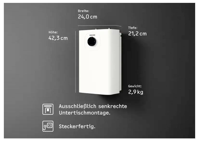 Eine weiße wandmontierte Einheit mit den Abmessungen: 42,3 cm Höhe, 24 cm Breite, 21,2 cm Tiefe und einem Gewicht von 2,9 kg. Der Text lautet: „Ausschließlich senkrechte Untersichtmontage. Steckerfertig."