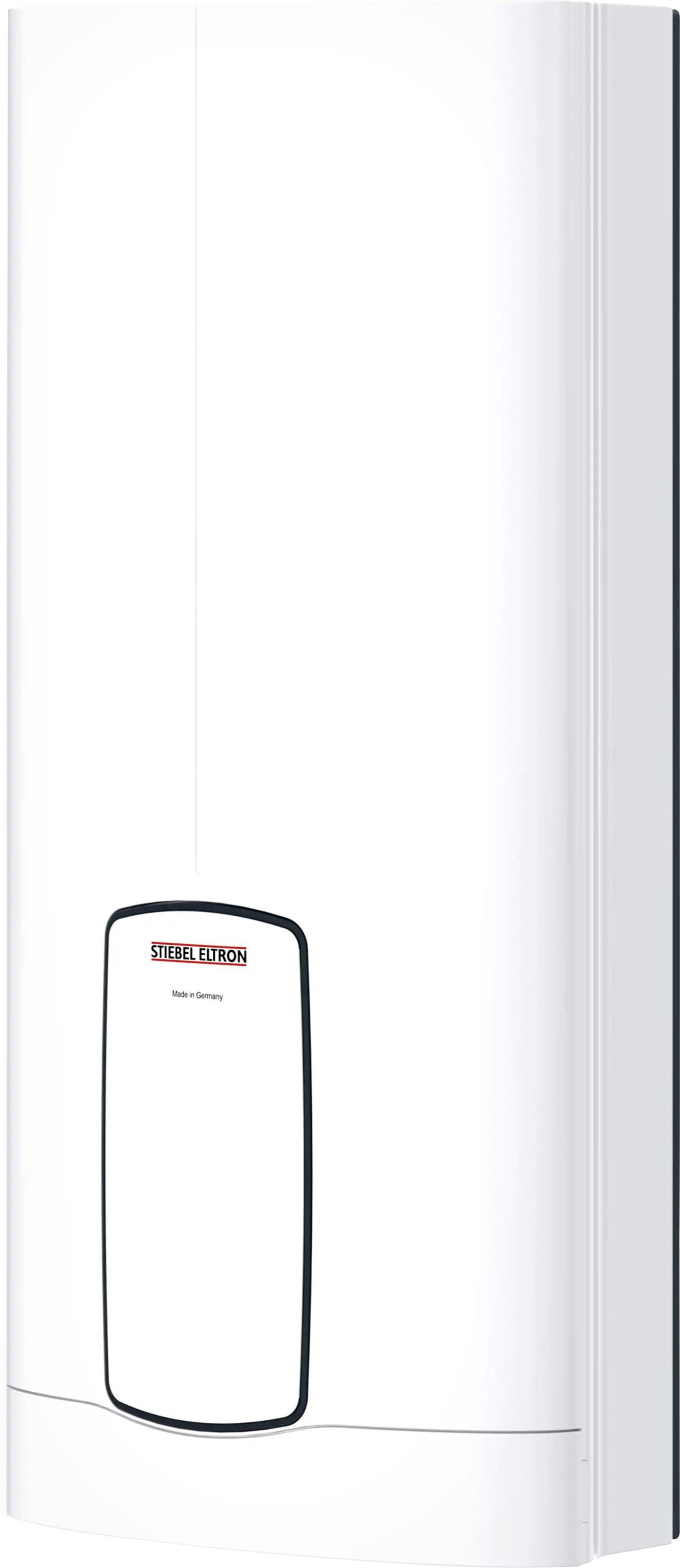Weißer zylindrischer elektrischer Warmwasserspeicher mit einem schwarzen Bedienfeld in der Nähe der Basis, auf dem "STIEBEL ELTRON" angezeigt wird. Kompaktes Design, das aus der Wand hervorragt.