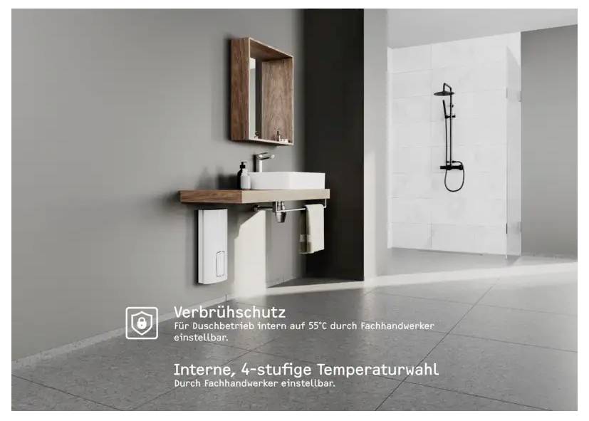 Ein modernes Badezimmer mit einem wandmontierten Waschbecken, einem Spiegel und einer Duschanlage. Deutscher Text beschreibt eine interne, einstellbare Temperaturregelung.
