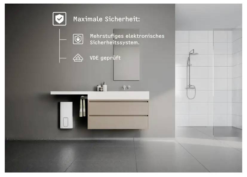 Modernes Badezimmer mit wandmontiertem Waschbecken und Schrank. Der Text hebt "Maximale Sicherheit" hervor, was mehrstufige elektronische Sicherheit und VDE-Zertifizierung anzeigt.
