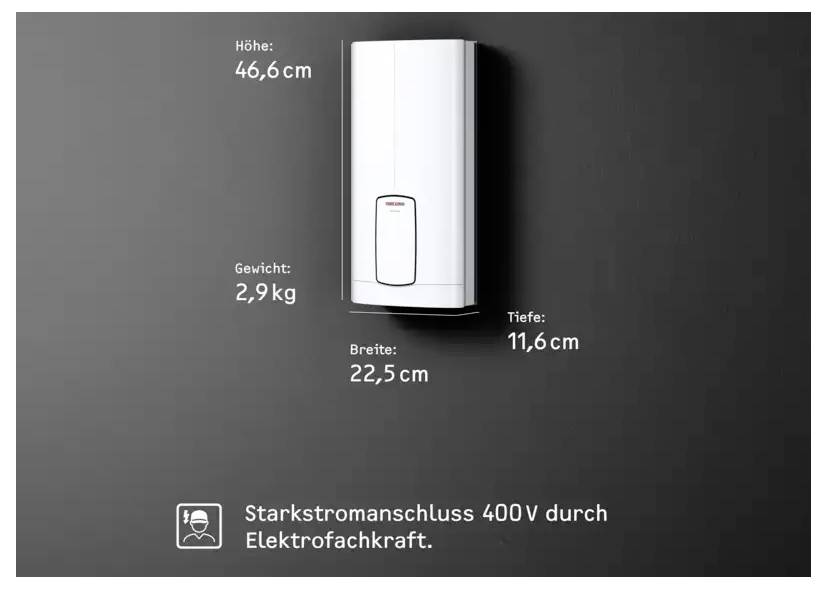 Ein elektrisches Gerät an einer dunklen Wand mit Abmessungen: Höhe 46,6 cm, Gewicht 2,9 kg, Breite 22,5 cm, Tiefe 11,6 cm. Text: „Starkstromanschluss 400V durch Elektrofachkraft."