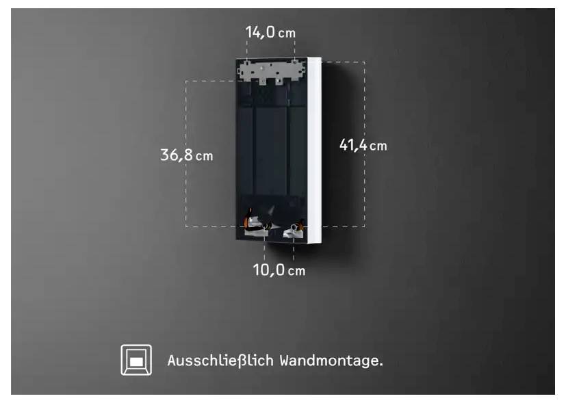 "Nur Wandmontage" Text unter einem schwarzen rechteckigen Gerät mit den Abmessungen: 14,0 cm x 36,8 cm x 10,0 cm x 41,4 cm.