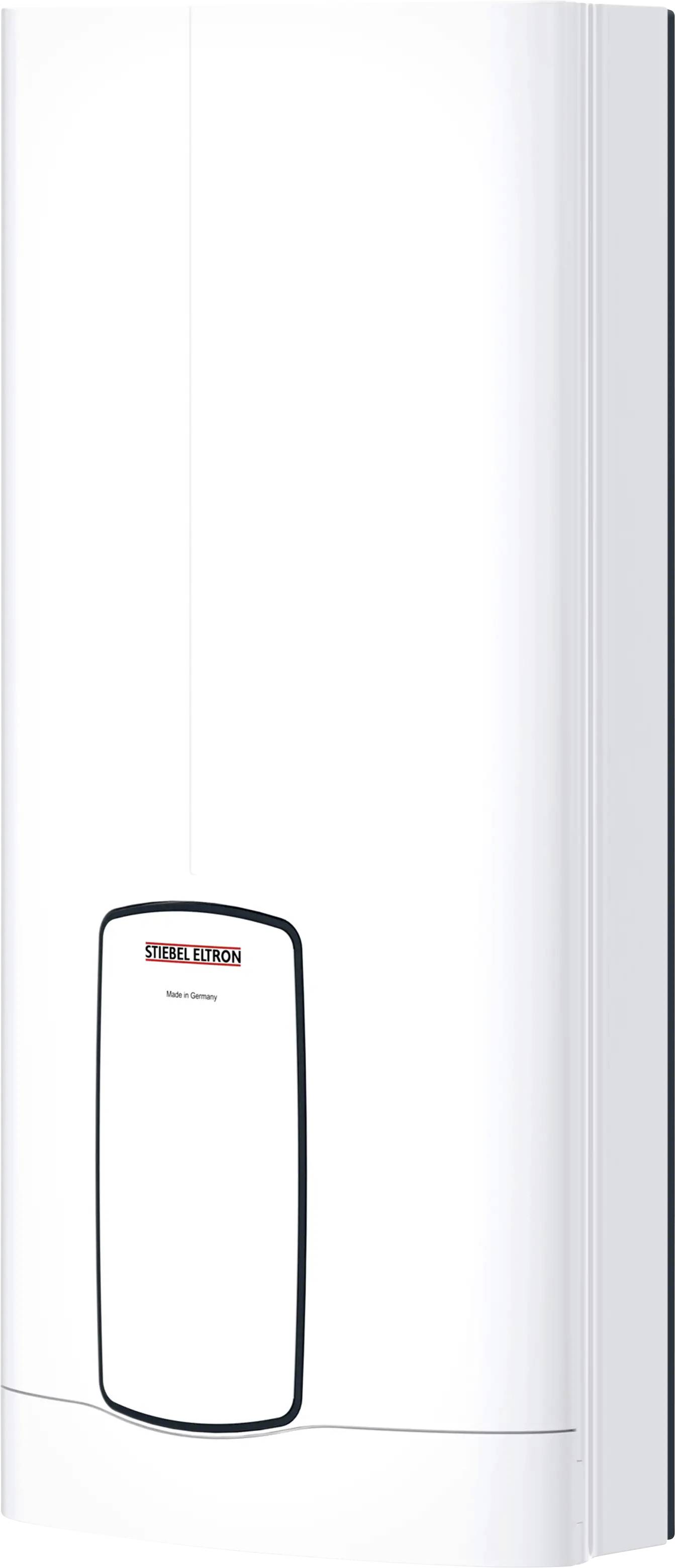 Großer, weißer Warmwasserspeicher mit Anzeigetafel, gekennzeichnet mit 'Stiebel Eltron', vor einem einfachen Hintergrund.