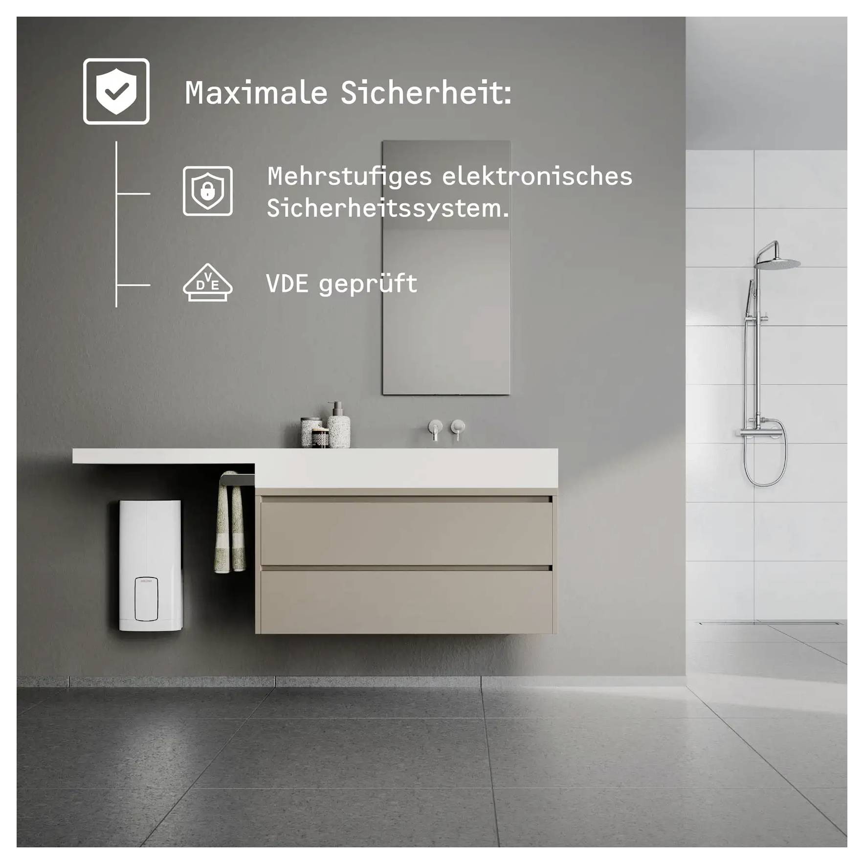 Modernes Badezimmer mit schwebendem Waschtisch und Dusche. Text: Maximale Sicherheit: Mehrstufiges elektronisches Sicherheitssystem. VDE geprüft.