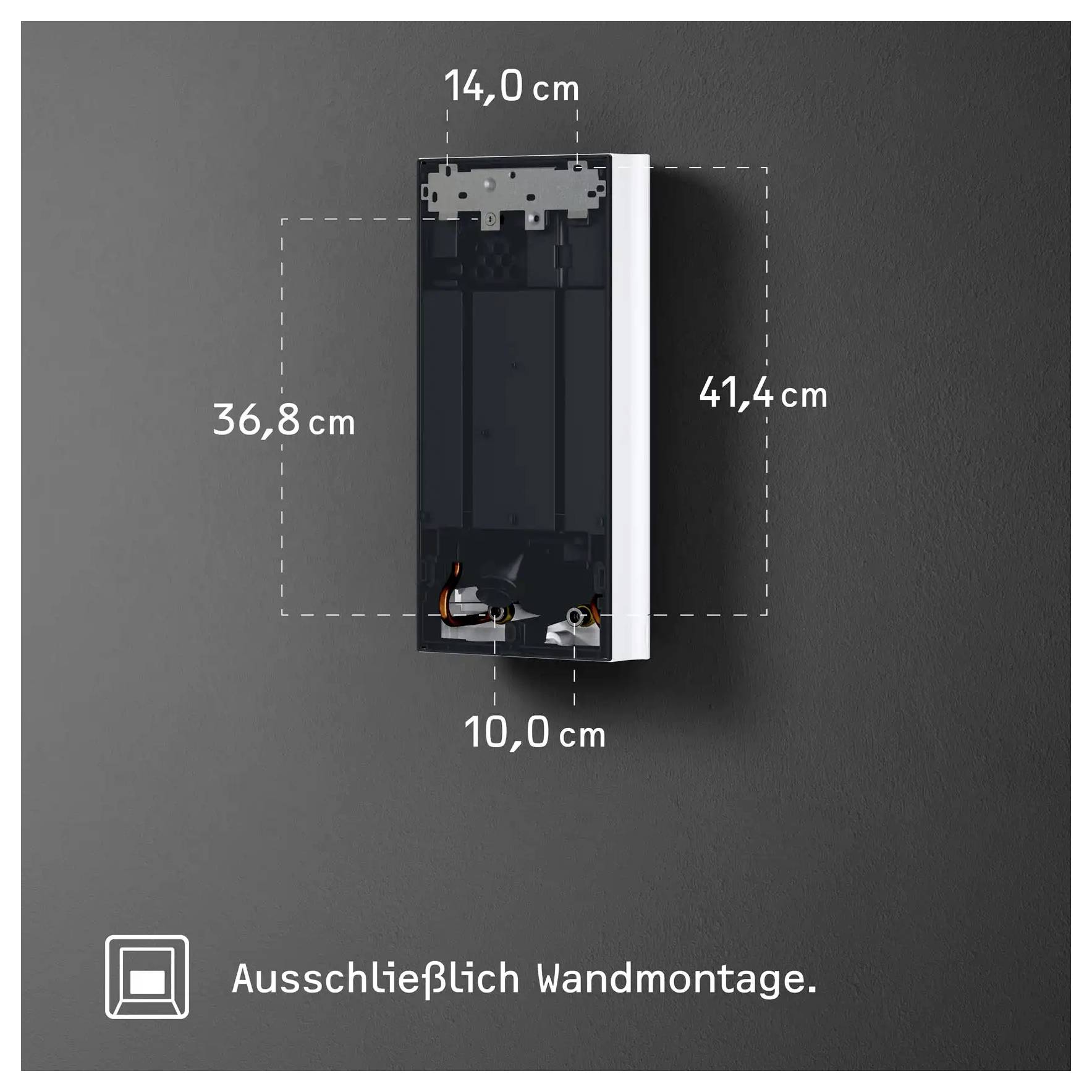 Ein rechteckiges, an der Wand montiertes elektrisches Gerät mit offener Gehäuseausführung, das die Verdrahtung zeigt. Abmessungen: 14,0 cm Breite, 41,4 cm Höhe, 10,0 cm Tiefe. Text: „Ausschließlich Wandmontage" (Nur Wandmontage).