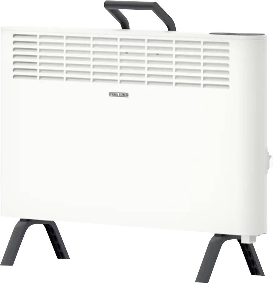 Ein tragbarer elektrischer Heizer in Weiß mit schwarzen Beinen und Griff, mit einer vorderen Lüftungsöffnung für Luftstrom, geeignet zum Heizen von Räumen.