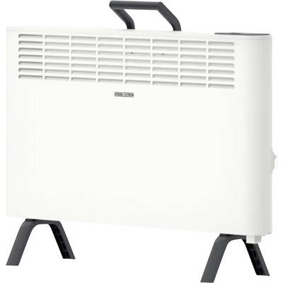 Ein tragbarer elektrischer Heizer in Weiß mit schwarzen Beinen und Griff, mit einer vorderen Lüftungsöffnung für Luftstrom, geeignet zum Heizen von Räumen.