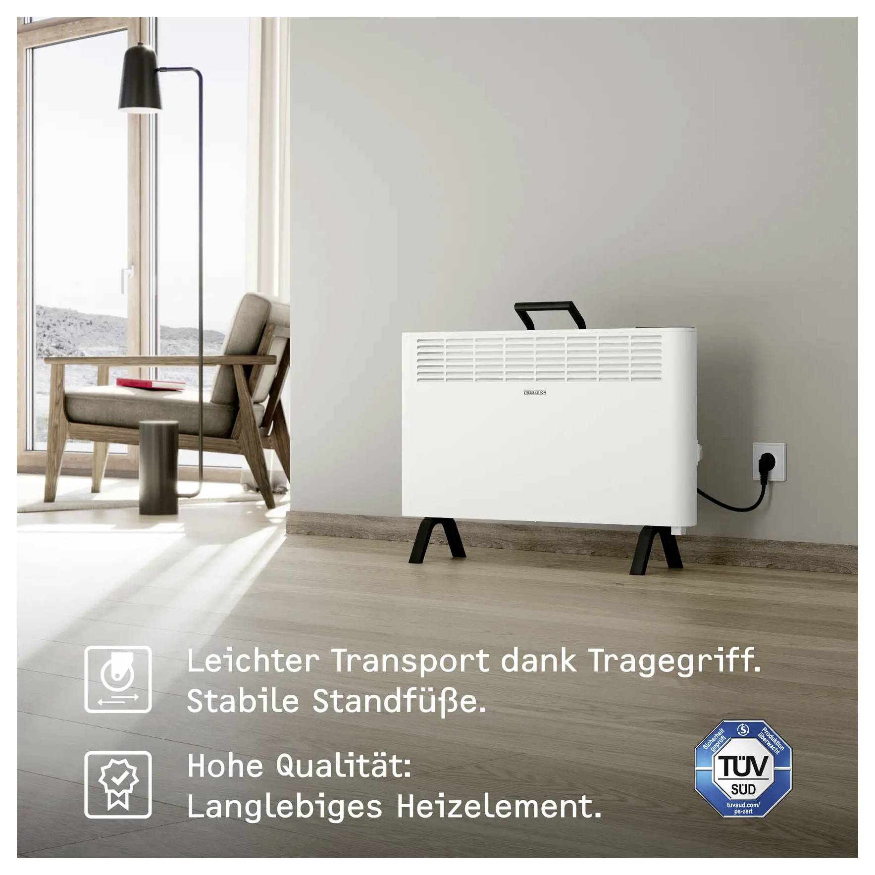 Ein weißer Heizer mit Griff sitzt auf einem Holzboden in einem modernen Interieur. Der Text hebt sein tragbares Design und sein langlebiges Heizelement hervor.