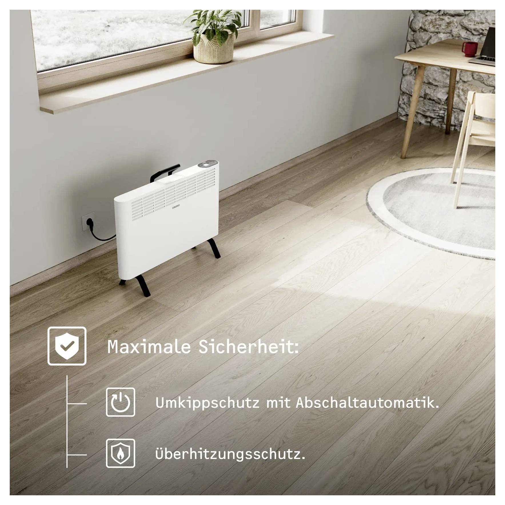 Ein weißer Heizer wird auf einem Holzboden in einem hellen Zimmer mit einem Fenster aufgestellt. Der Text lautet: „Maximale Sicherheit: Umkippschutz mit Abschaltautomatik. Überhitzungsschutz."
