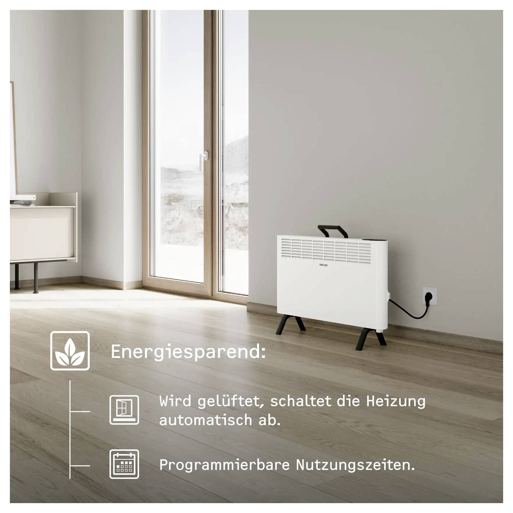 Ein moderner, minimalistischer Raum mit einem Heizgerät in der Nähe großer Fenster mit sichtbaren Bergen außerhalb. Text hebt energiesparende Merkmale hervor.