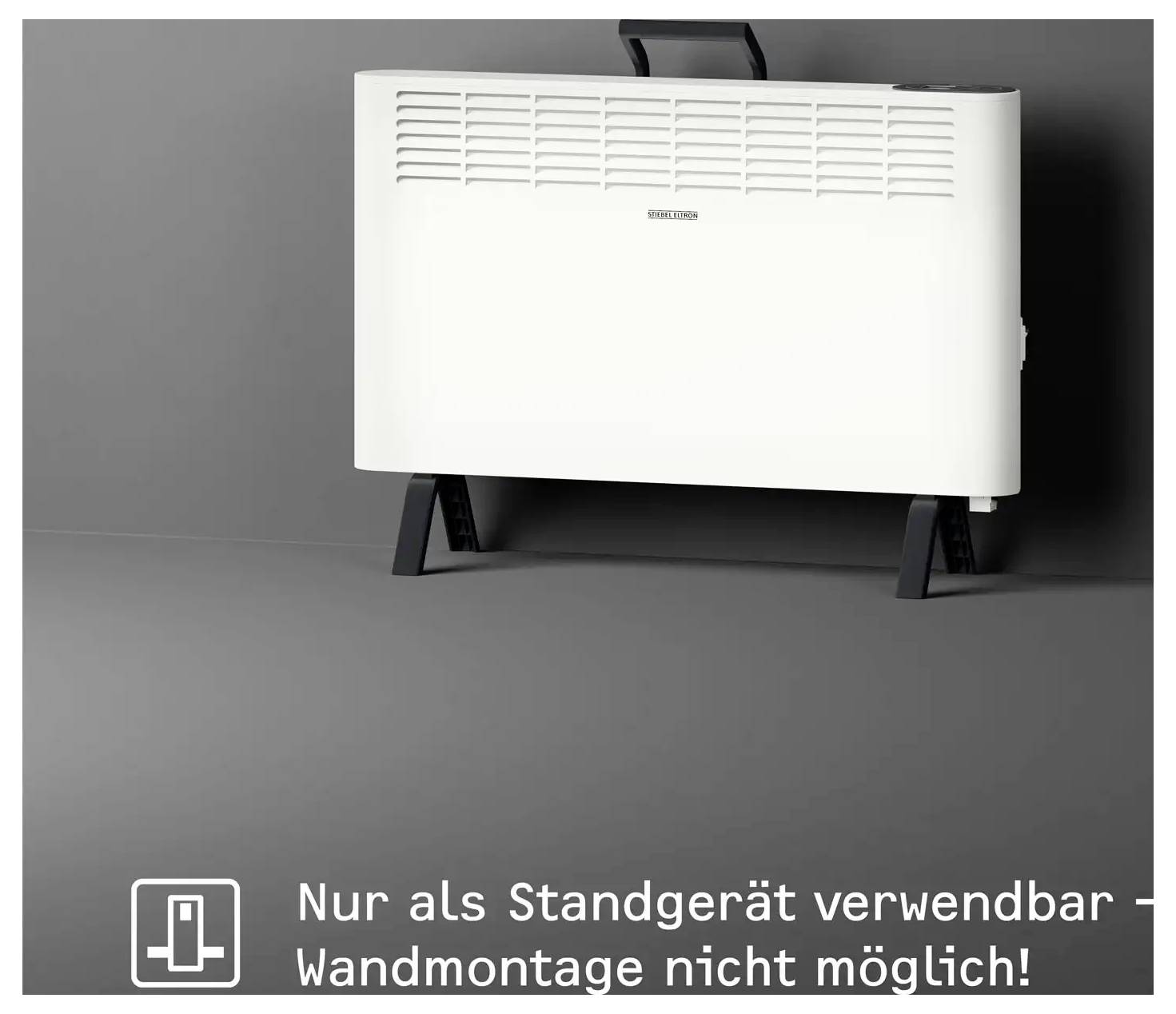 Ein weißer Konvektionsheizerät mit der Aufschrift „Nur als Standgerät verwendbar - Wandmontage nicht möglich!" was bedeutet, dass er nur zur Bodenaufstellung geeignet ist und nicht an der Wand montiert werden kann.