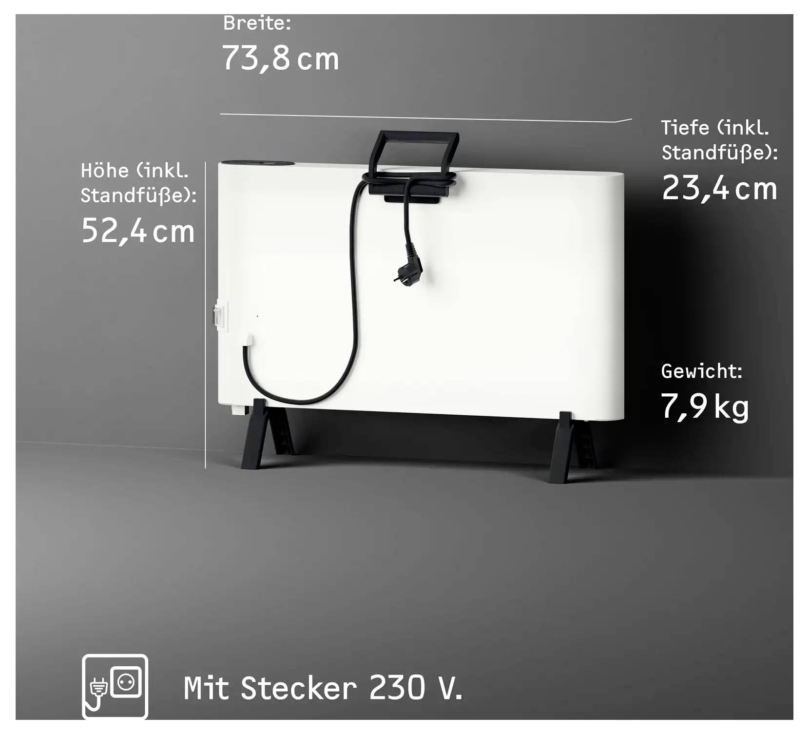 Ein tragbarer weißer Heizer mit den Abmessungen: Breite 73,8 cm, Tiefe 23,4 cm, Höhe 52,4 cm. Es wiegt 7,9 kg und verwendet einen 230-V-Stecker.