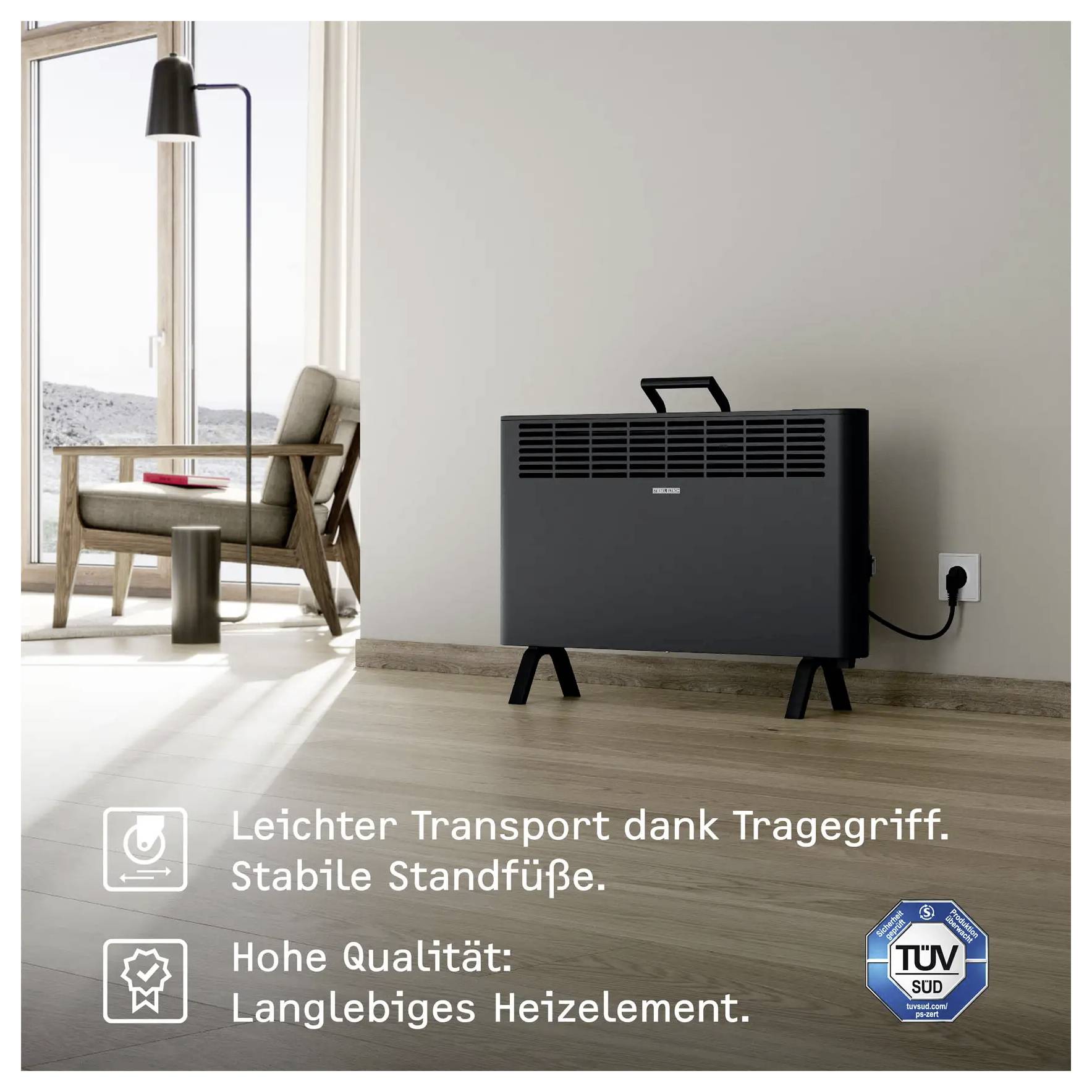 Ein moderner Heizer mit Griff für einfachen Transport sitzt in einem stilvollen Wohnzimmer. Der Text beschreibt sein stabiles und langlebiges Design.