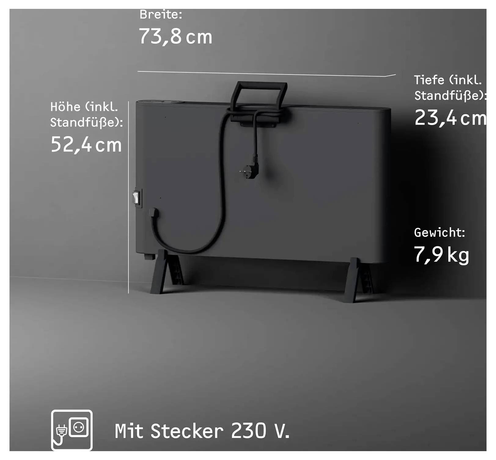 Tragbarer Heizer mit einer Breite von 73,8 cm, Höhe von 52,4 cm, Tiefe von 23,4 cm, Gewicht von 7,9 kg. Inklusive Stecker, zur Verwendung bei 230 V.