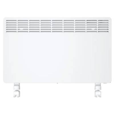 Ein weißes elektrisches Heizgerät mit Lüftungsschlitzen auf der Vorderseite oben und Rollen unten, konstruiert für einfaches Bewegen des Geräts im Raum.
