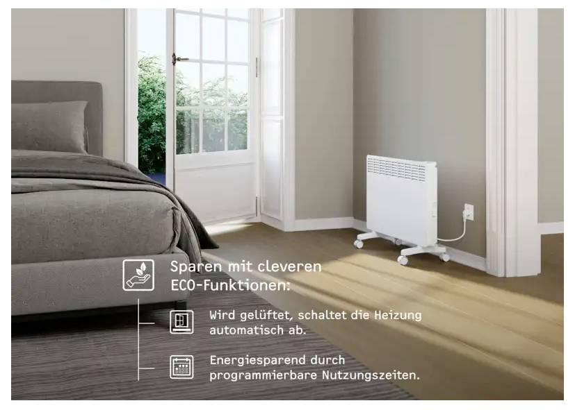 Ein Schlafzimmer mit einem Bett, einem großen Fenster und einem tragbaren Heizgerät auf dem Boden. Der Text erwähnt energiesparende Funktionen und automatischen Betrieb.