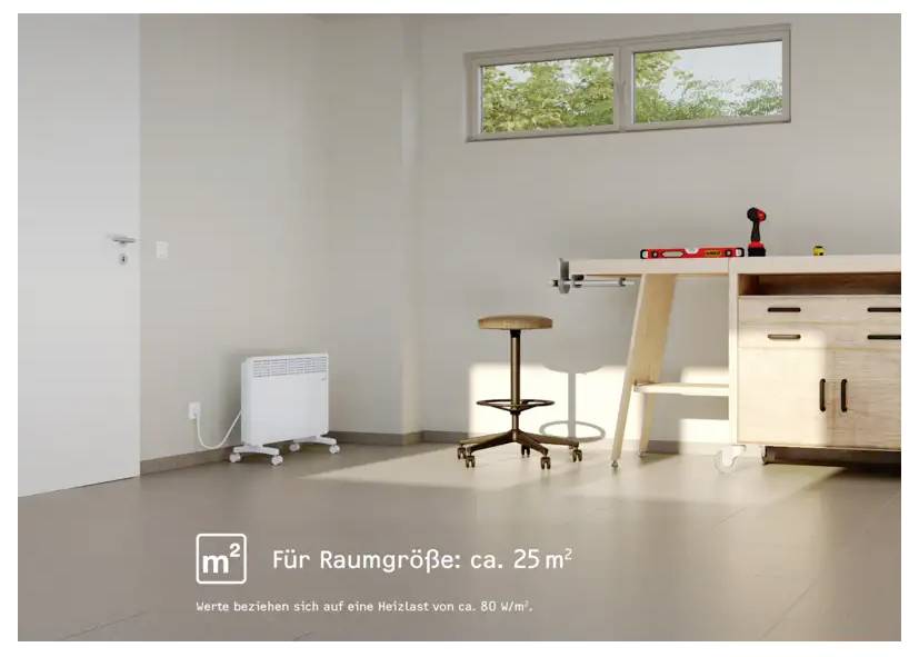 Ein Zimmer mit einem Schreibtisch, einem Hocker und einer Wandheizung in der Nähe eines Fensters. Geeignet für Zimmer um etwa 25 m². Die Details erwähnen auch einen Heizleistungswert.
