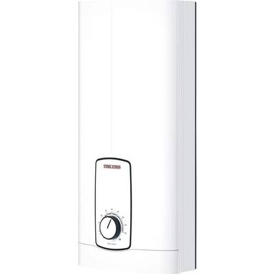 Ein weißer elektrischer Warmwasserbereiter mit einem Temperaturregelventil an der Vorderseite, geeignet für den Haus- oder Bürogebrauch.