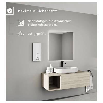 Badezimmerinnenraum mit modernem Waschbecken und Armatur. Wandtext lautet „Maximale Sicherheit: Mehrstufiges elektronisches Sicherheitssystem. VDE geprüft."