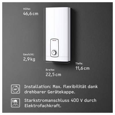 Ein weißes wandmontiertes elektrisches Gerät wird gezeigt mit den Abmessungen: Höhe 46,6 cm, Breite 22,5 cm, Tiefe 11,6 cm, Gewicht 2,9 kg. Es benötigt eine Stromversorgung von 400 V.