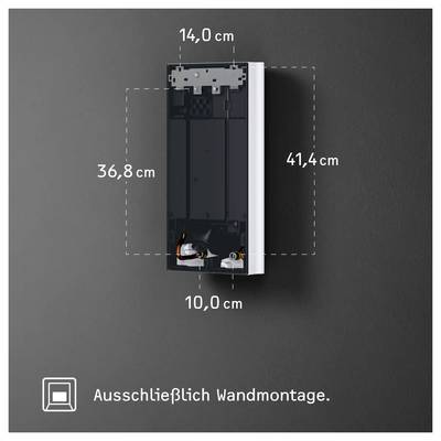 Wandmontiertes Gerät mit freiliegenden Komponenten; Abmessungen angezeigt: 14,0 cm Breite, 41,4 cm Höhe, 10,0 cm Tiefe. Etikett liest „Ausschließlich Wandmontage".