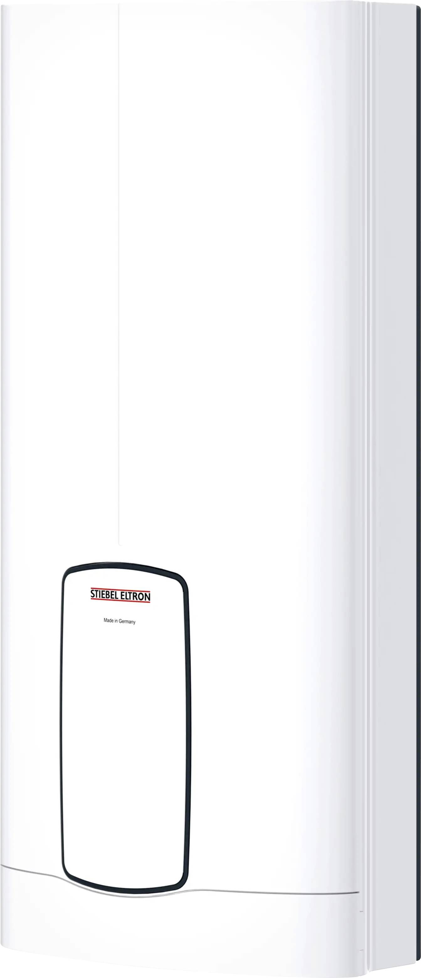 Ein hoher, weißer, vertikaler Warmwasserspeicher mit einem Bedienfeld auf der Vorderseite, beschriftet mit „Stiebel Eltron".
