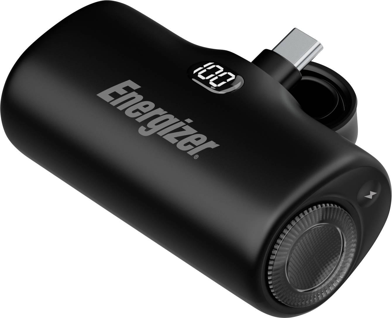 Eine schwarze Energizer-Powerbank mit LED-Display, das „100" anzeigt. Sie verfügt über ein integriertes USB-C-Kabel und ein kompaktes Design für maximale Portabilität.