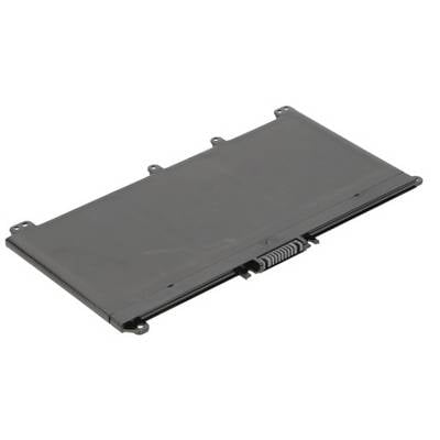 Ein flaches, rechteckiges schwarzes Laptop-Akku mit sichtbaren Anschlüssen an der Kante, das zum Stromversorgen eines Laptops verwendet wird.