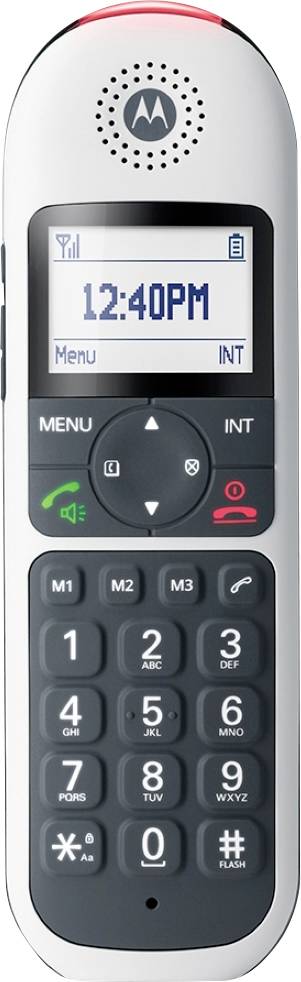 Ein schnurloses Telefonhandgerät mit einem Display, das „12:40PM" anzeigt, Tasten zum Wählen und Optionen für „Menü" und „INT".