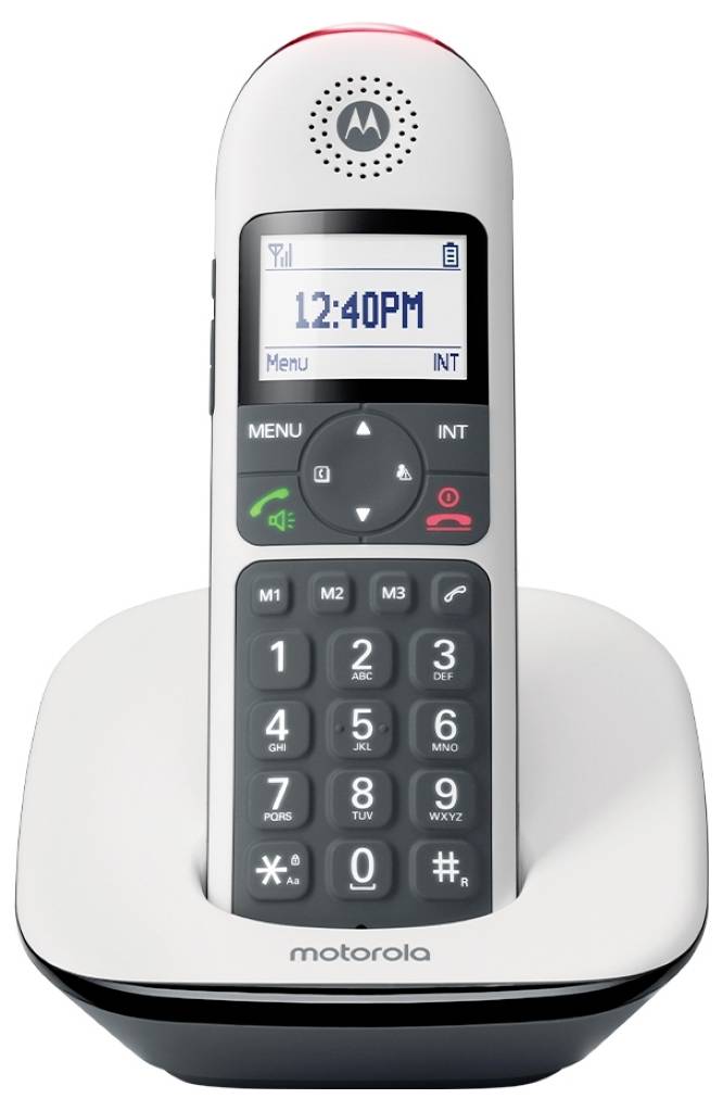 Schnurloses Telefon mit digitaler Anzeige, die "12:40PM" zeigt. Ausgestattet mit Tasten zur Menünavigation, für Anrufe und einen Lautsprecher, platziert auf einer Ladestation.