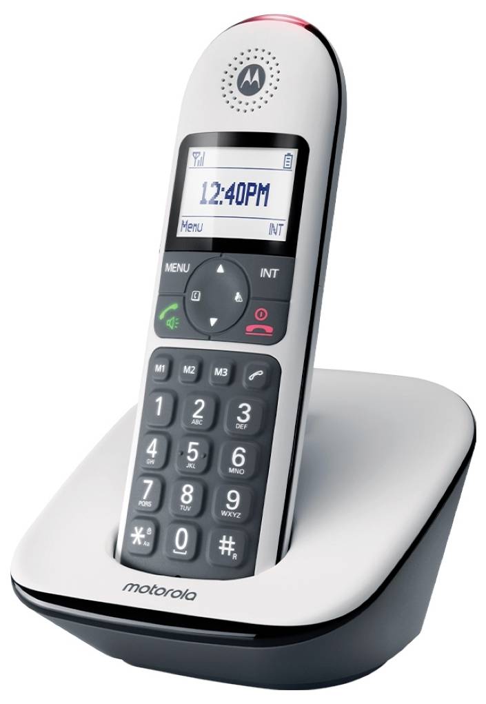 Ein schnurloses Haustelefon mit digitaler Anzeige, die "12:40 PM" zeigt. Das Telefon steht in einer Ladestation und verfügt über große Tasten und ein elegantes Design.