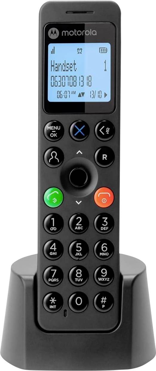 Ein schwarzes schnurloses Motorola-Telefon auf einer Ladestation, das "Handset" auf dem Bildschirm anzeigt.