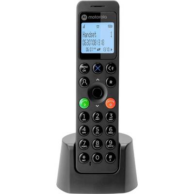 Ein schwarzes schnurloses Motorola-Telefon auf einer Ladestation, das "Handset" auf dem Bildschirm anzeigt.