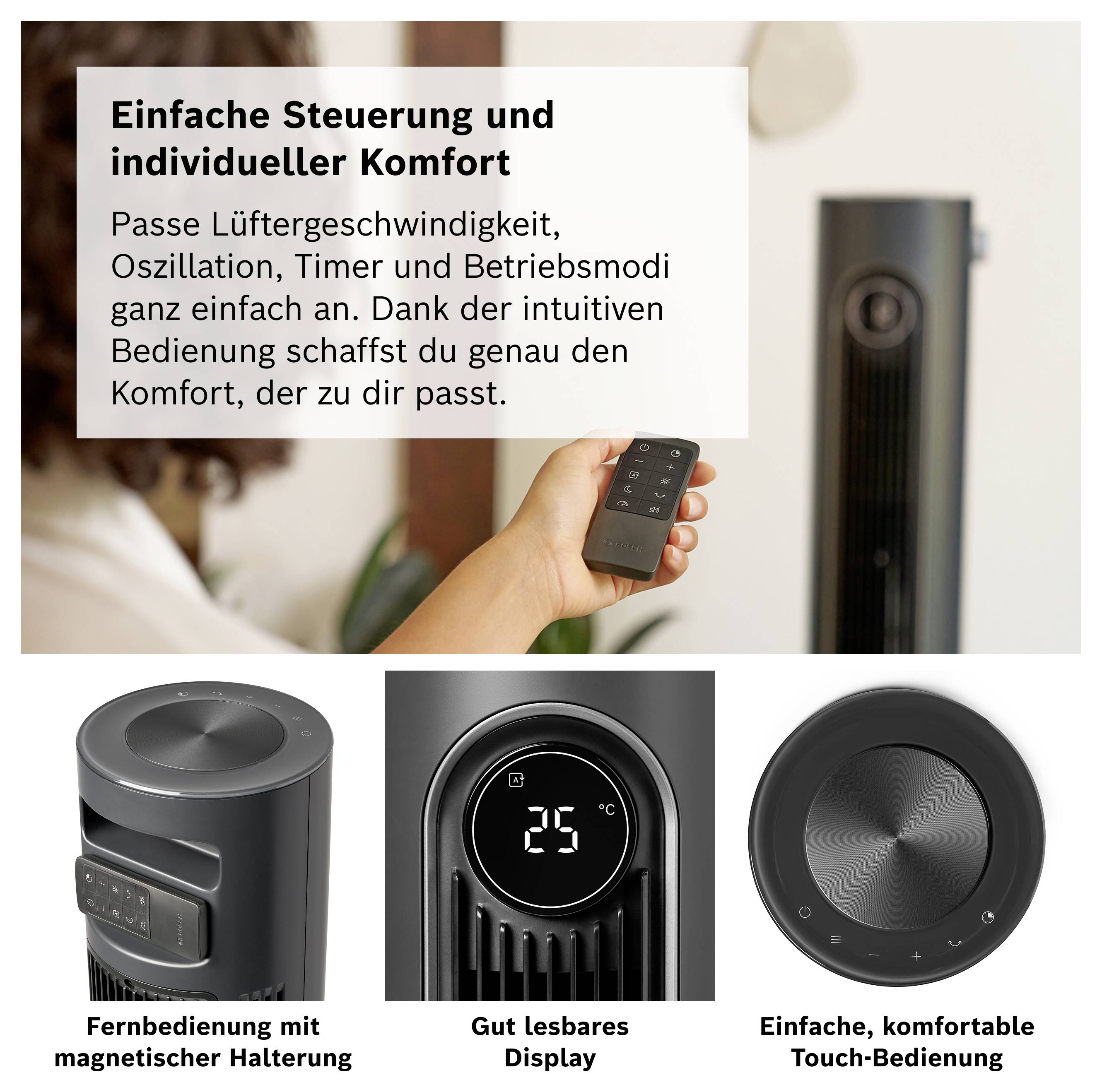 Werbeabbildung eines Ventilators mit Fernbedienung; Text betont einfache Steuerung von Geschwindigkeit, Oszillation, Timer und Betriebsmodi sowie gut lesbares Display und Touch-Bedienung.