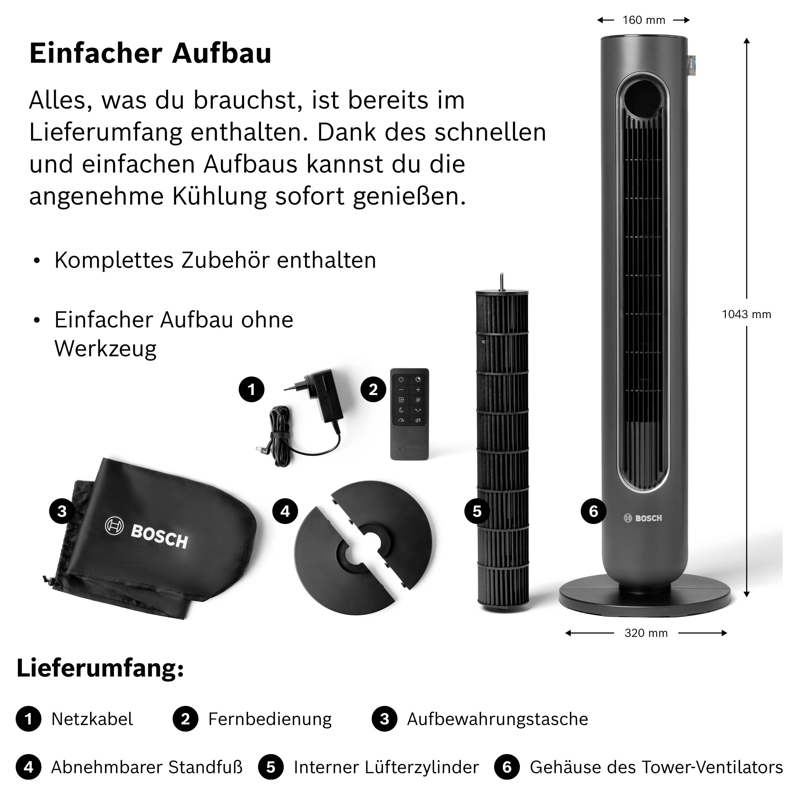Grafik zum Lieferumfang eines Bosch-Tower-Ventilators: Gerät, Netzkabel, Fernbedienung, Aufbewahrungstasche, abnehmbarer Standfuß und interner Lüfterzylinder; Maße 160 mm x 1043 mm x 320 mm.